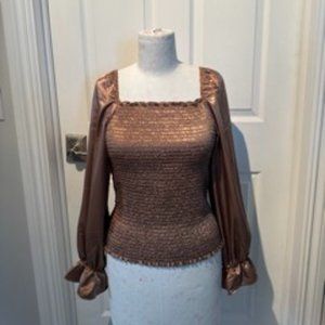 Taupe Satin Scrunch Top with Ruffle Sleeves